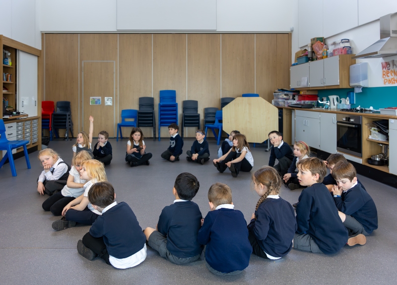 children sitting in a circle taking part in a Kodaly music project