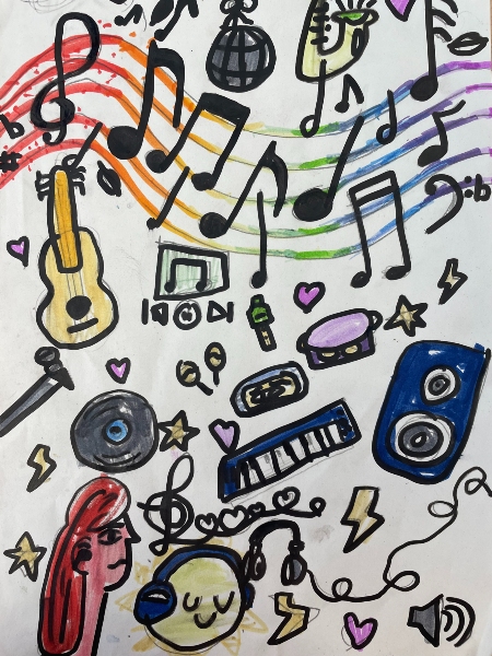 Vibrant drawing with musical notes, instruments, and icons on a rainbow background, decorated with hearts and stars.