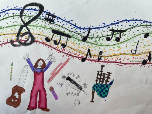 Colourful drawing with musical notes on a rainbow stave, a person in red overalls raising their arms, and various music-related items like a guitar, headphones, and bagpipes.