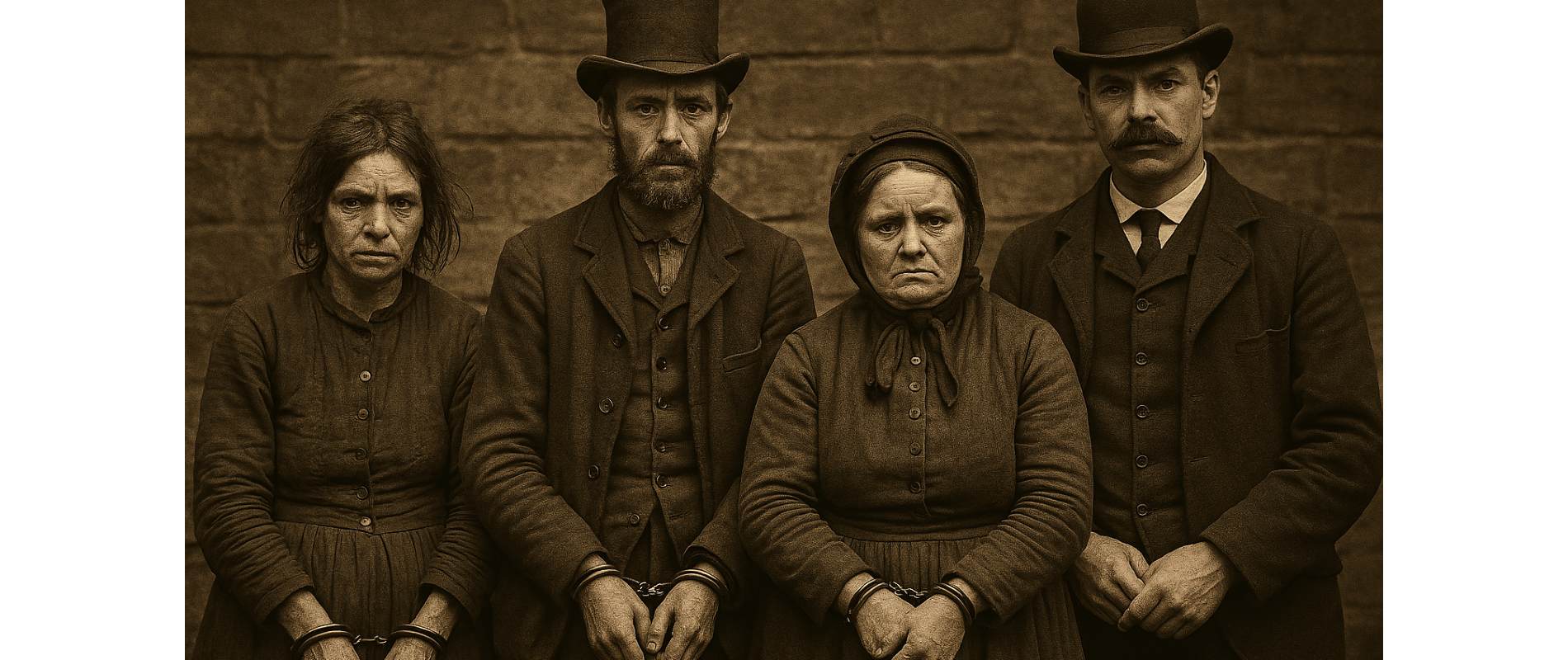 A historical image showing two men and two women placed in handcuffs with sad expressions on their face