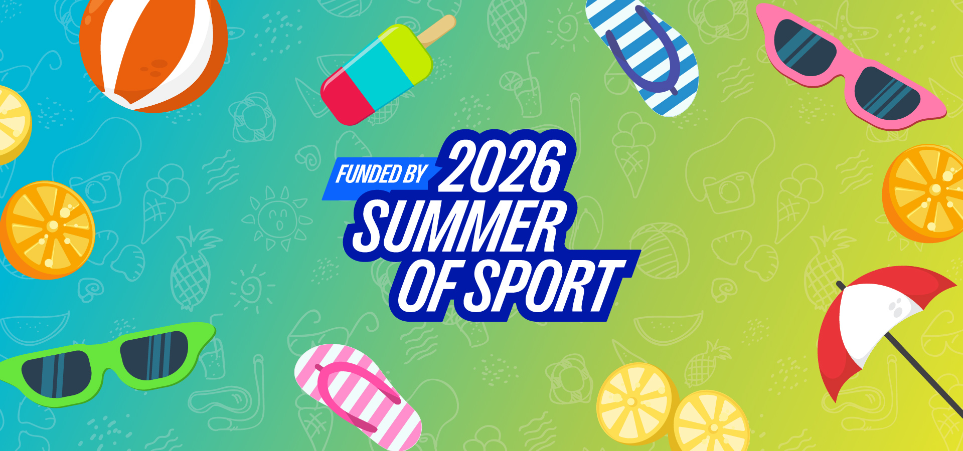 A blue and yellow background with lots of summer graphics such as beach balls and sunglasses