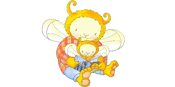An adult Bookbug reading a book to a baby Bookbug sat on it's lap